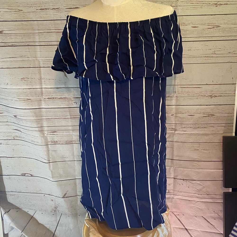 Everly Off Shoulder Navy White Striped Dress Medium Nautical Ruffle